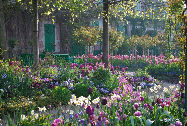 purple and pink flowers in Monet Foundation gardens with house in background