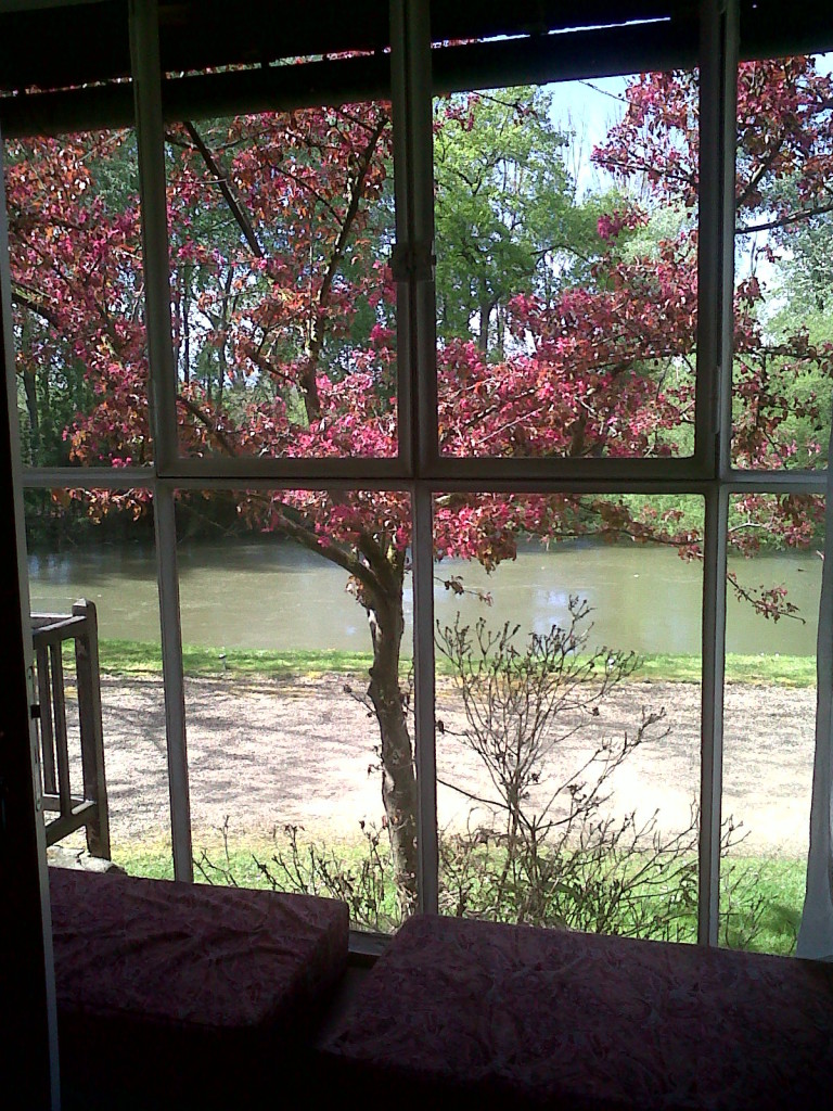 From inside Richard Wrights writing cottage looking onto stream and flowering trees on Normandy vacation packages The Masters